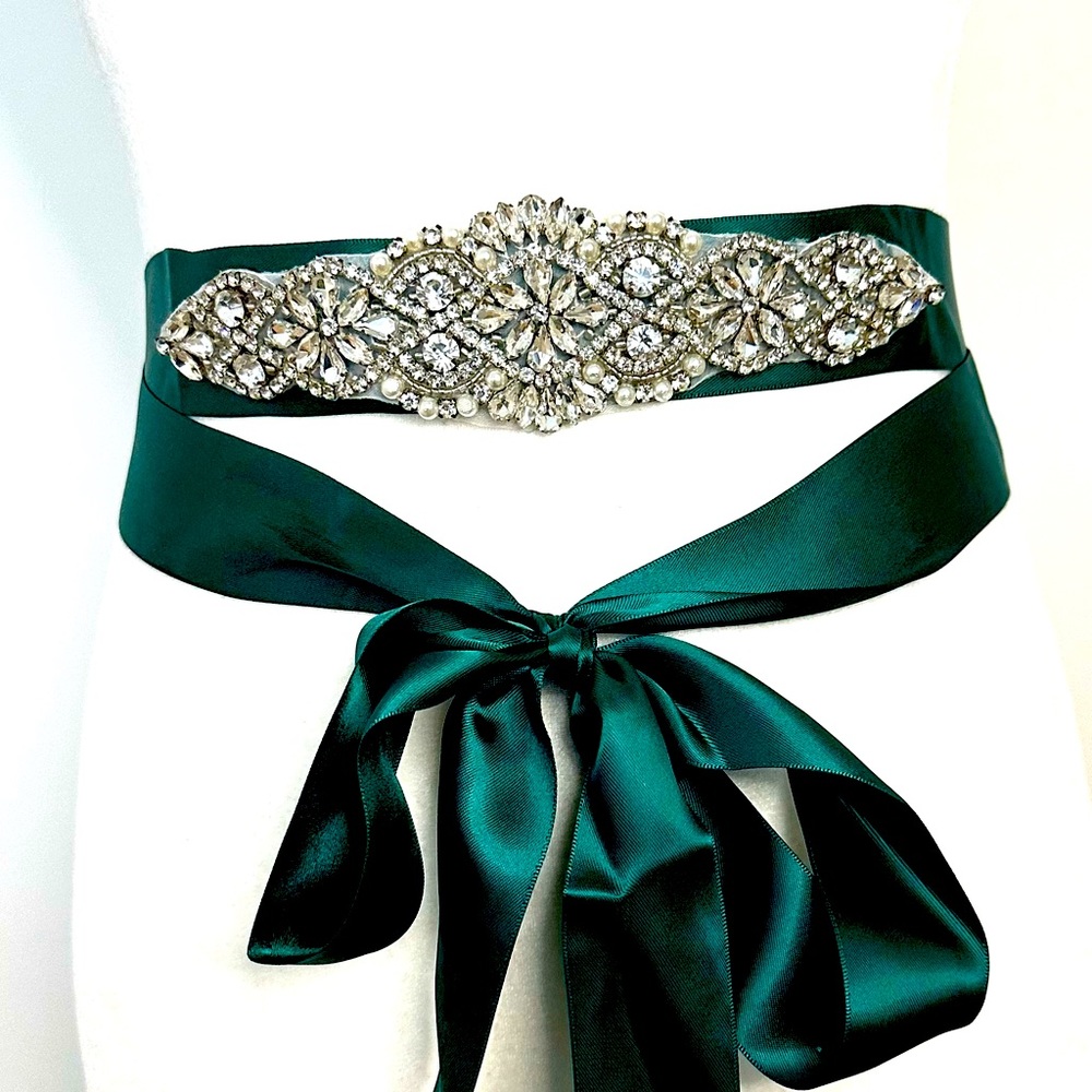 Jeweled & Pearl Encrusted Belt on Emerald Green Silk like Ribbon